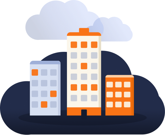 A graphic showing office buildings on top of a cloud