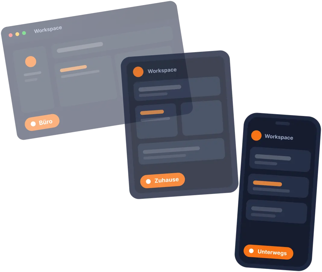 A graphic with different screens representing work in the office, from home or on the go